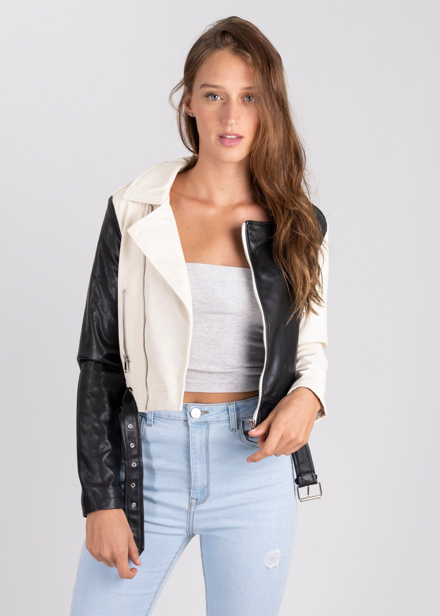 Chamarra biker efecto piel bicolor sold by Shasa