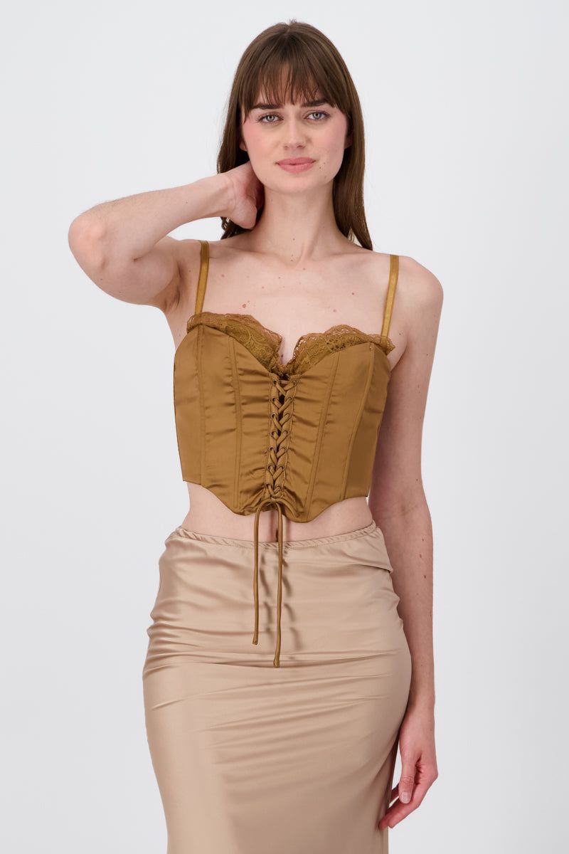 Blusa corset satin con lace up sold by Shasa