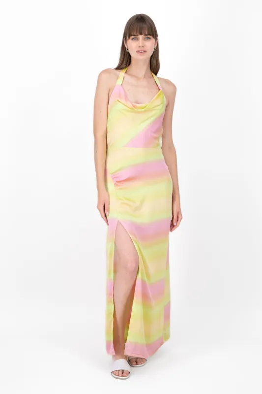 Vestido largo satinado halter sold by Shasa