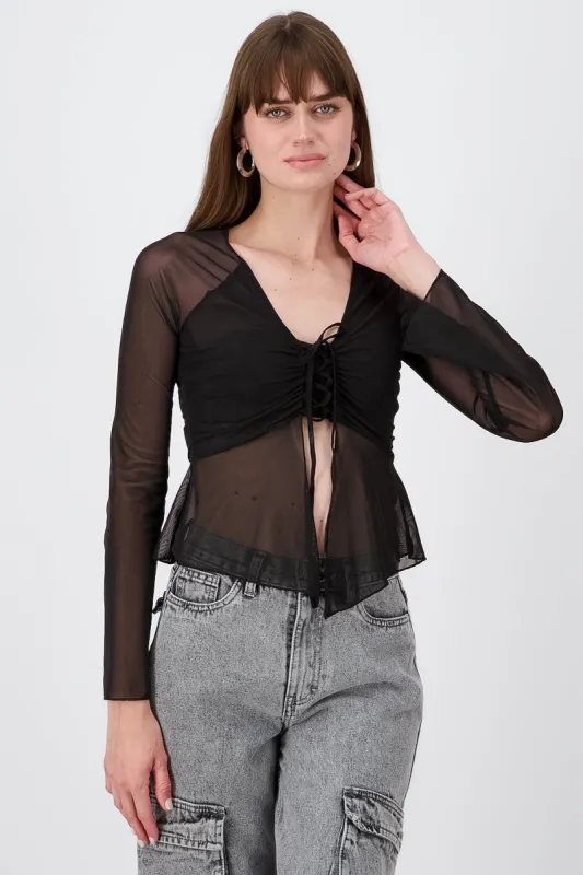 Top mesh abertura manga larga sold by Shasa
