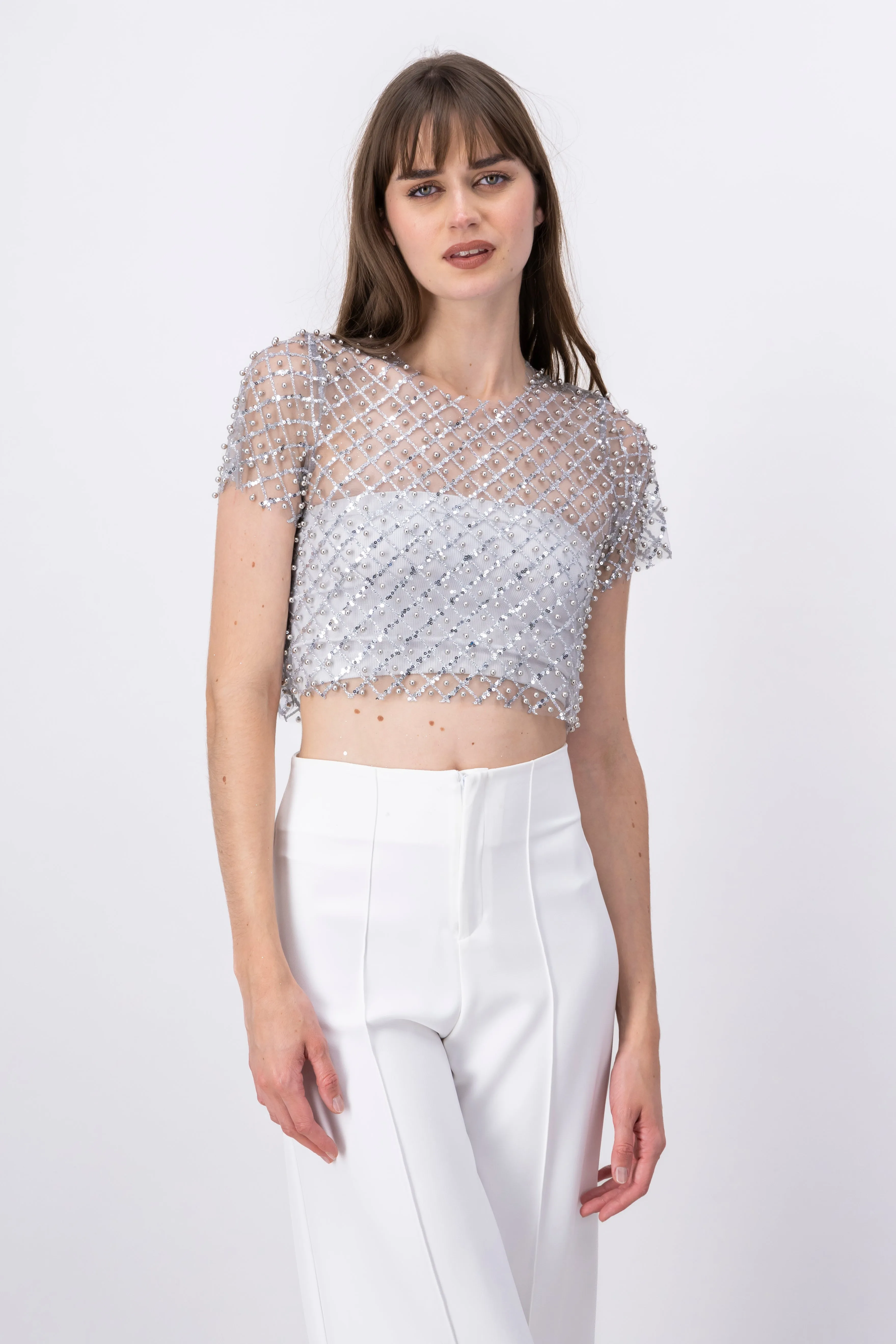 Top mesh manga corta lentejuelas sold by Shasa