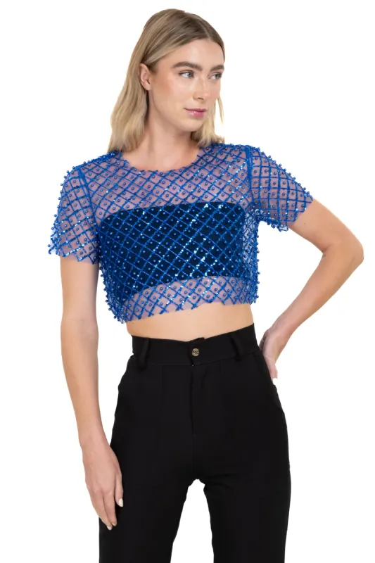 Top mesh lentejuelas perlas sold by Shasa