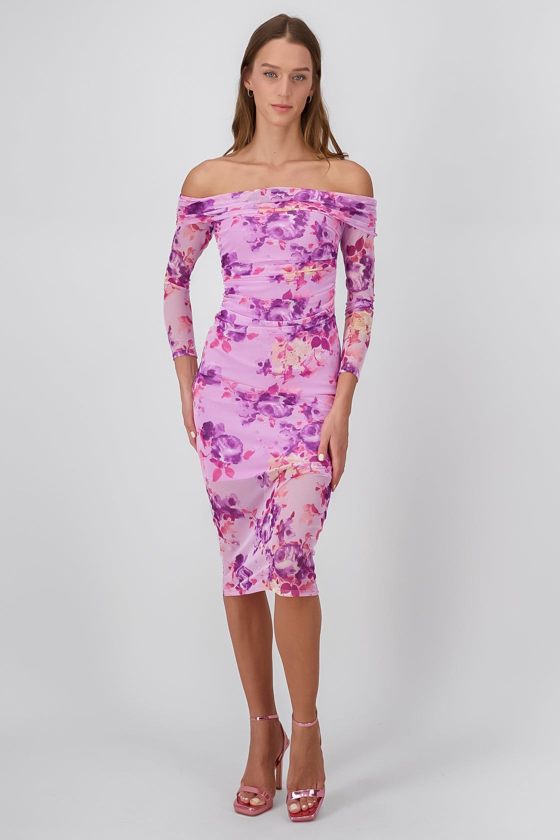 Vestido sin hombros de mesh flores sold by Shasa