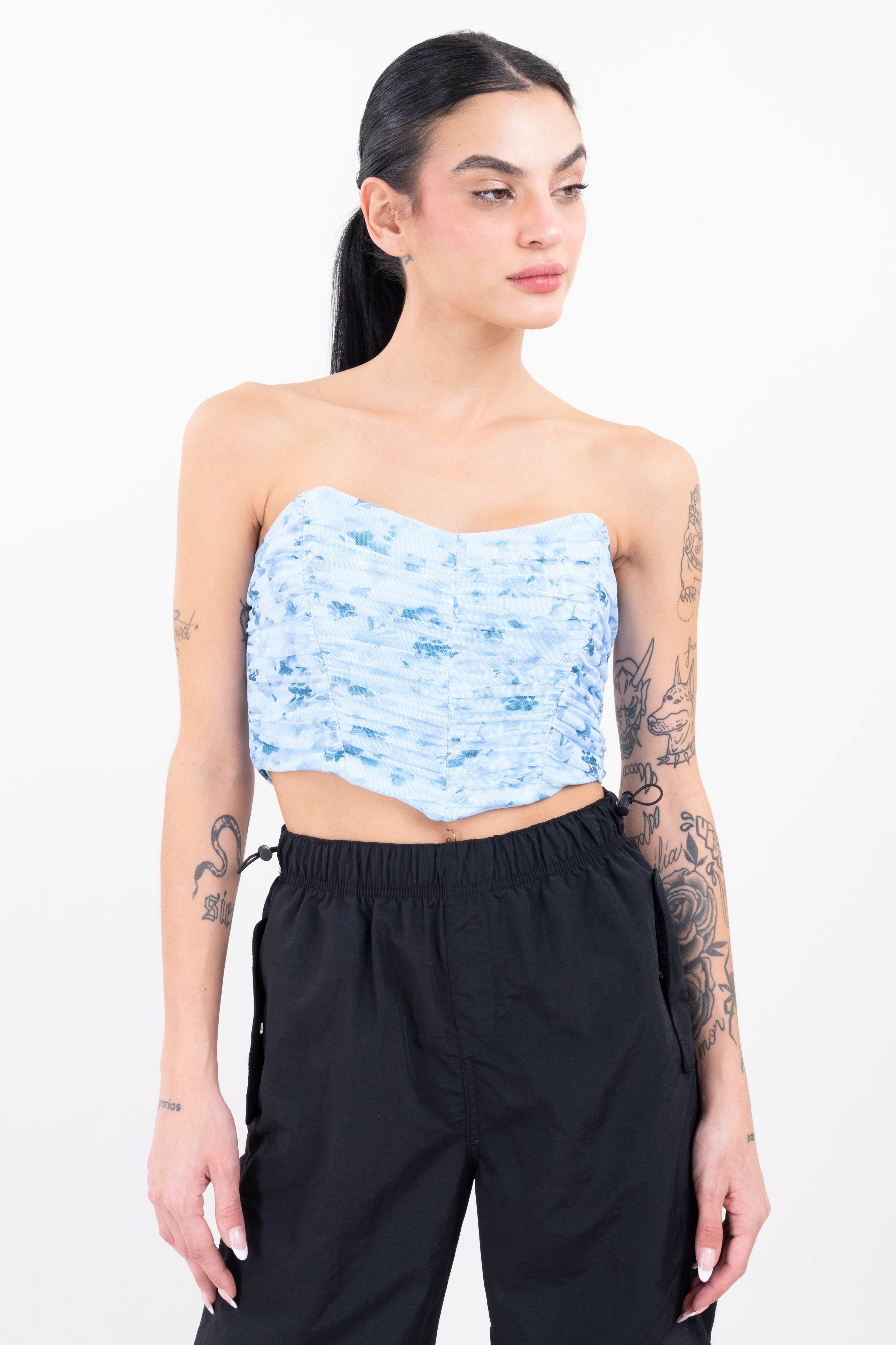 Top crop bustier strapless flores sold by Shasa