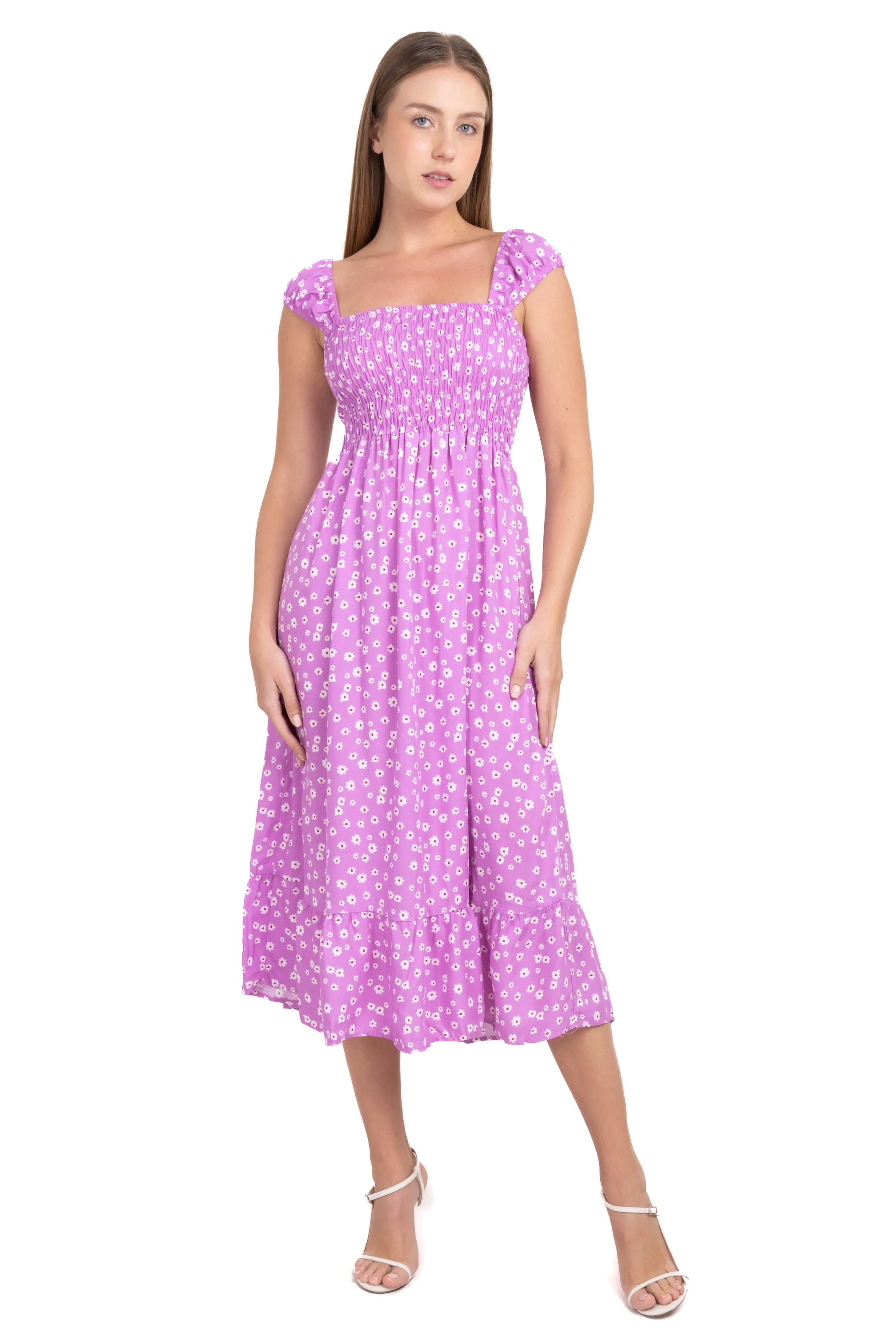 Vestido midi fruncido flores sold by Shasa