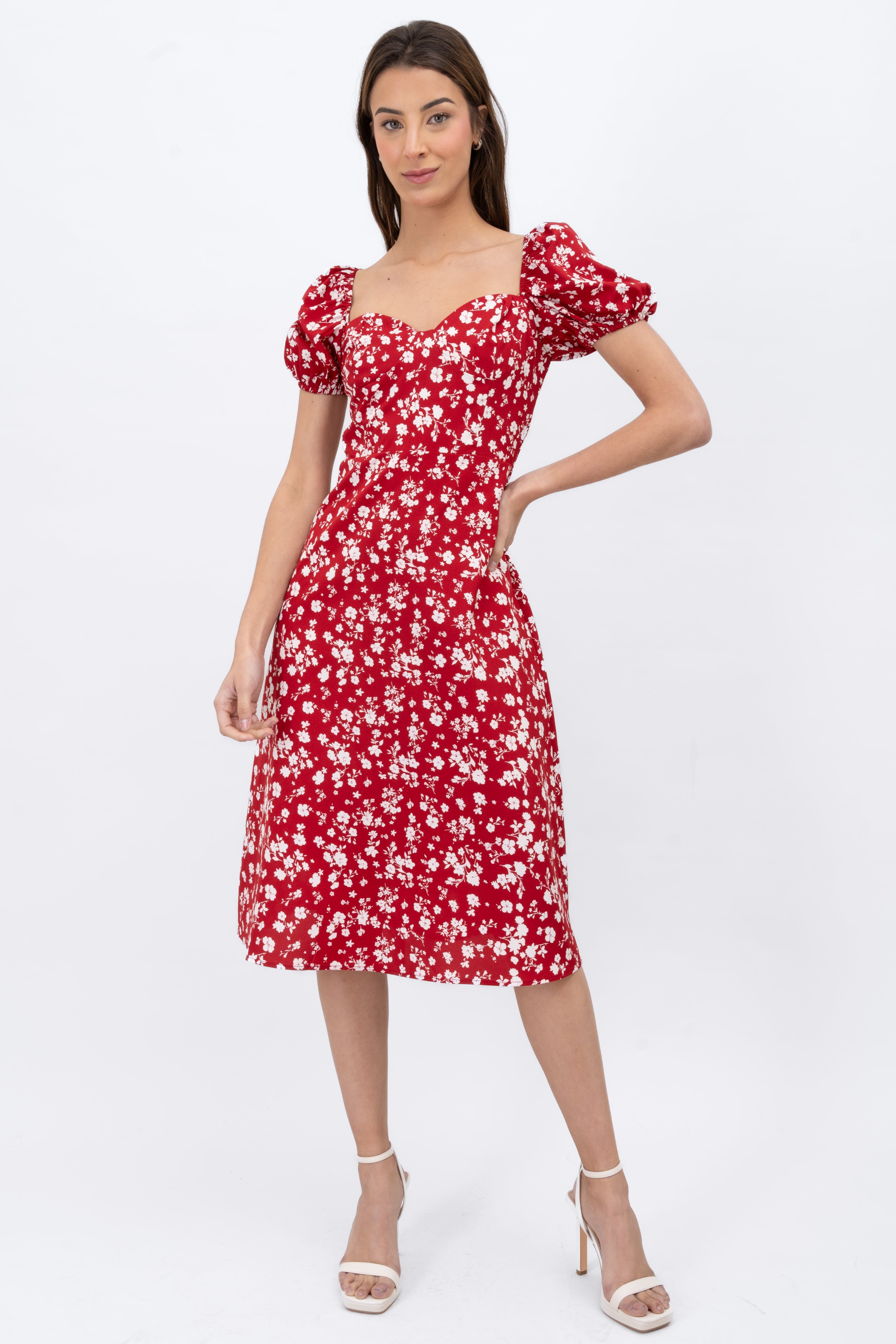 Vestido midi manga abullonada flores sold by Shasa