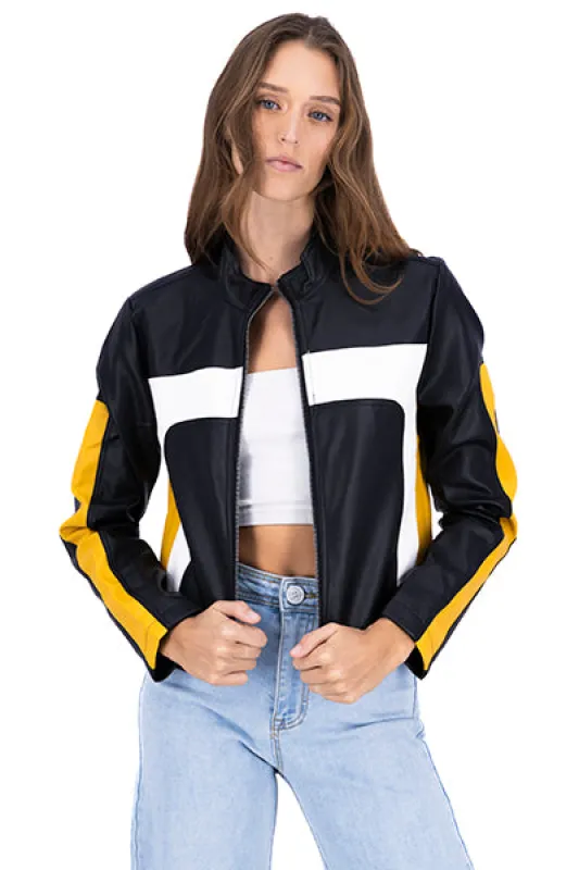 Chamarra efecto piel contraste sold by Shasa