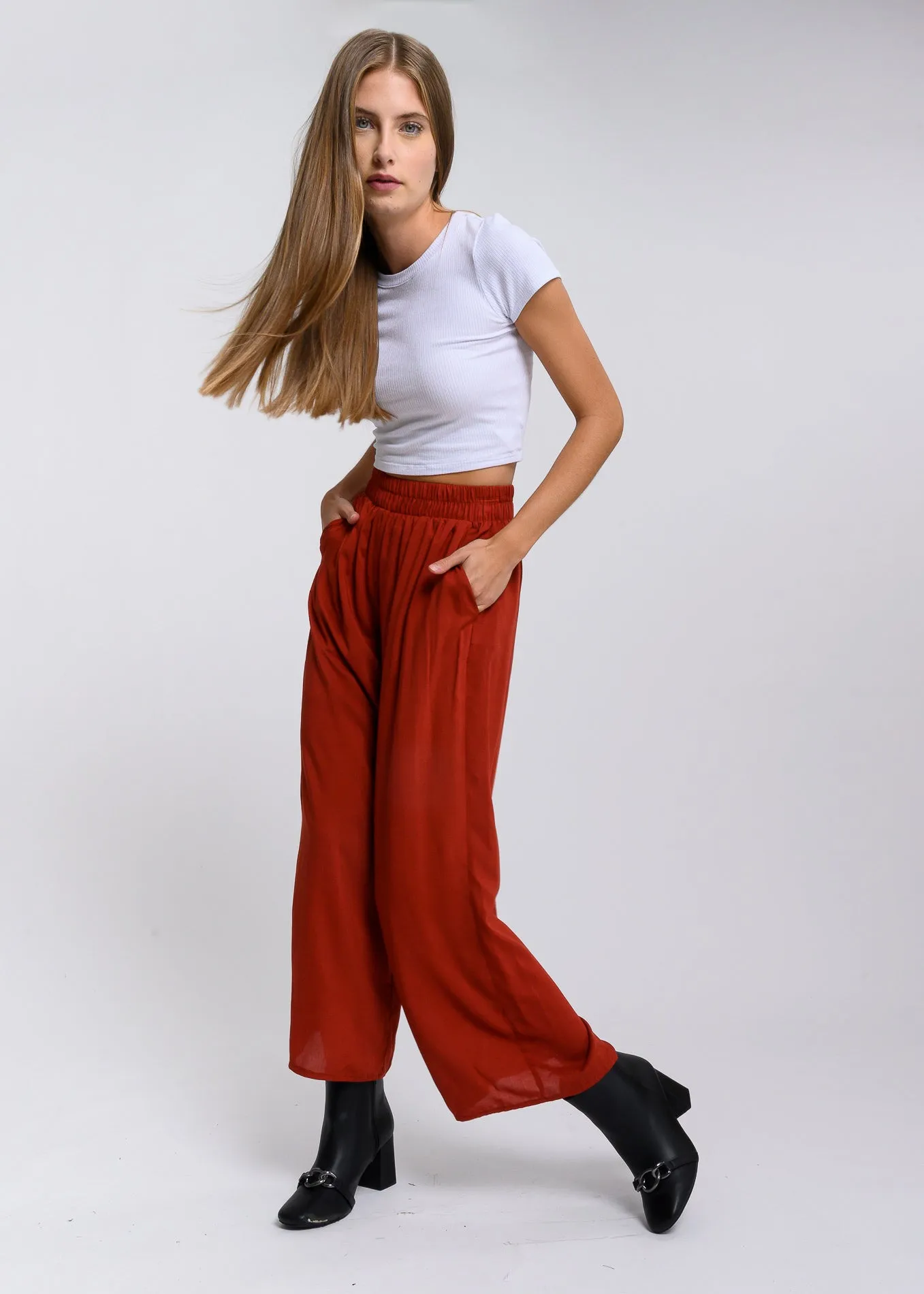 Pantalón Wide Leg Cintura Alta Fruncida sold by Shasa