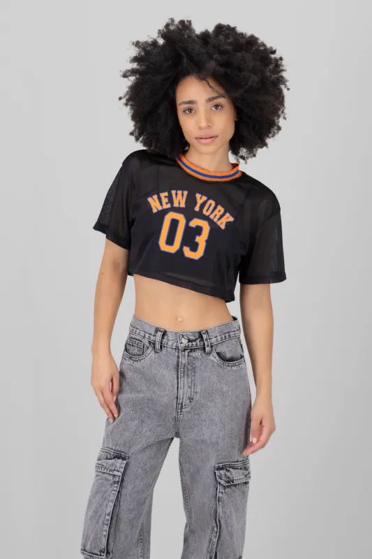 Playera acanadada estampado ny sold by Shasa