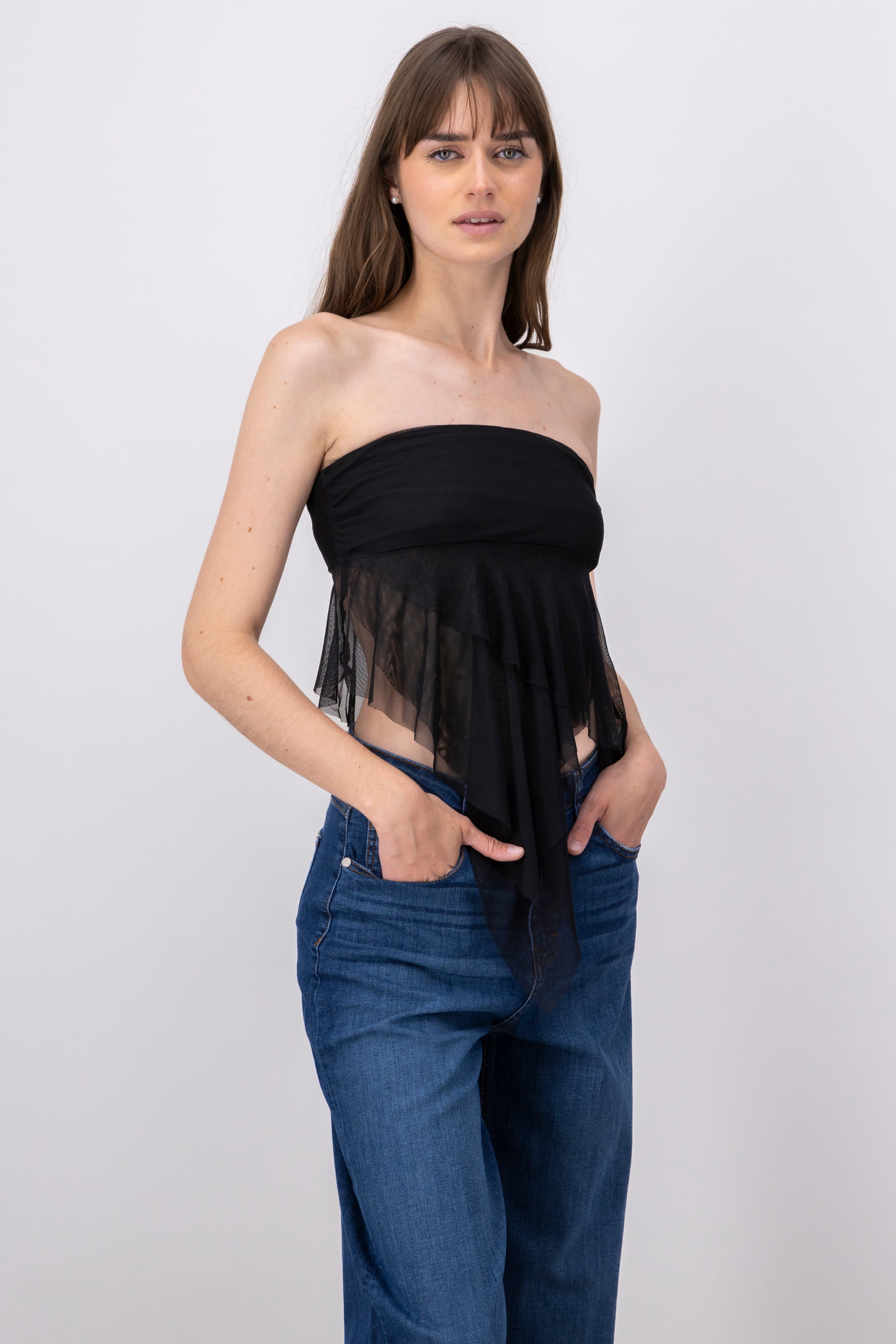 Top strapless mesh irregular sold by Shasa