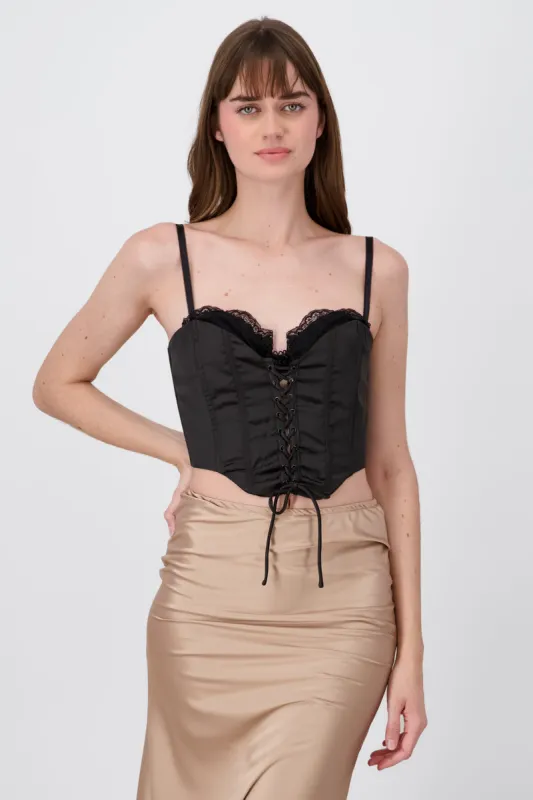 Blusa corset satin con lace up sold by Shasa