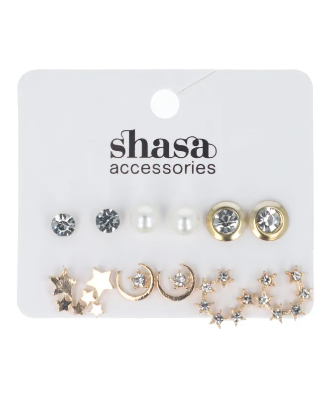 Set 6 pares aretes studs estrella luna sold by Shasa