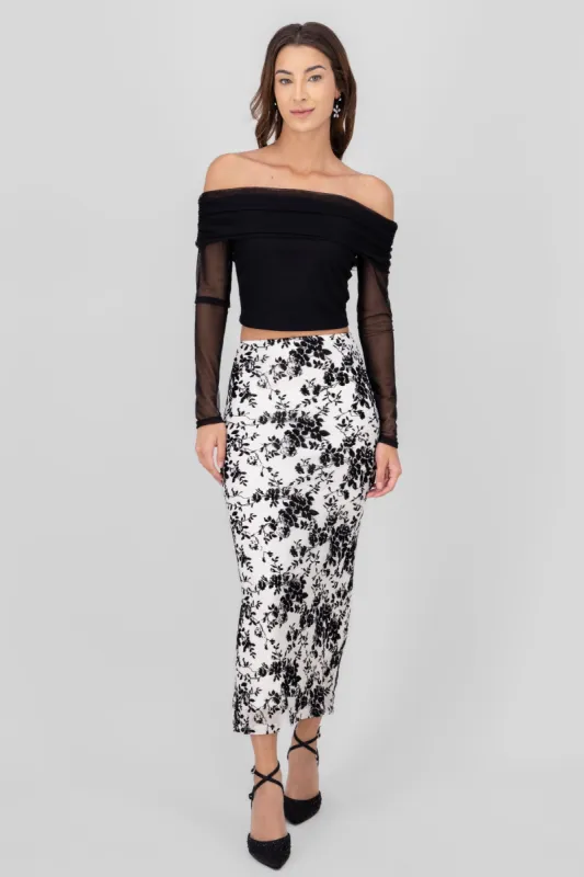 Falda midi mesh flock flores sold by Shasa