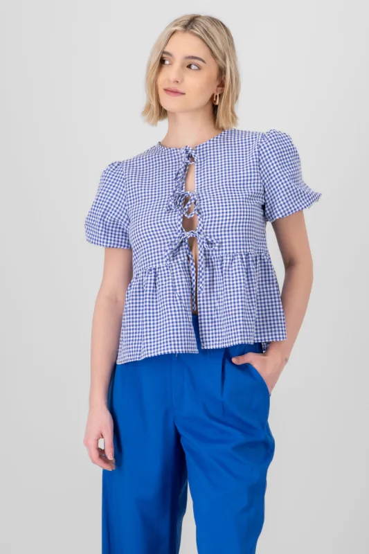 Blusa manga abullonada a cuadros con lazos sold by Shasa
