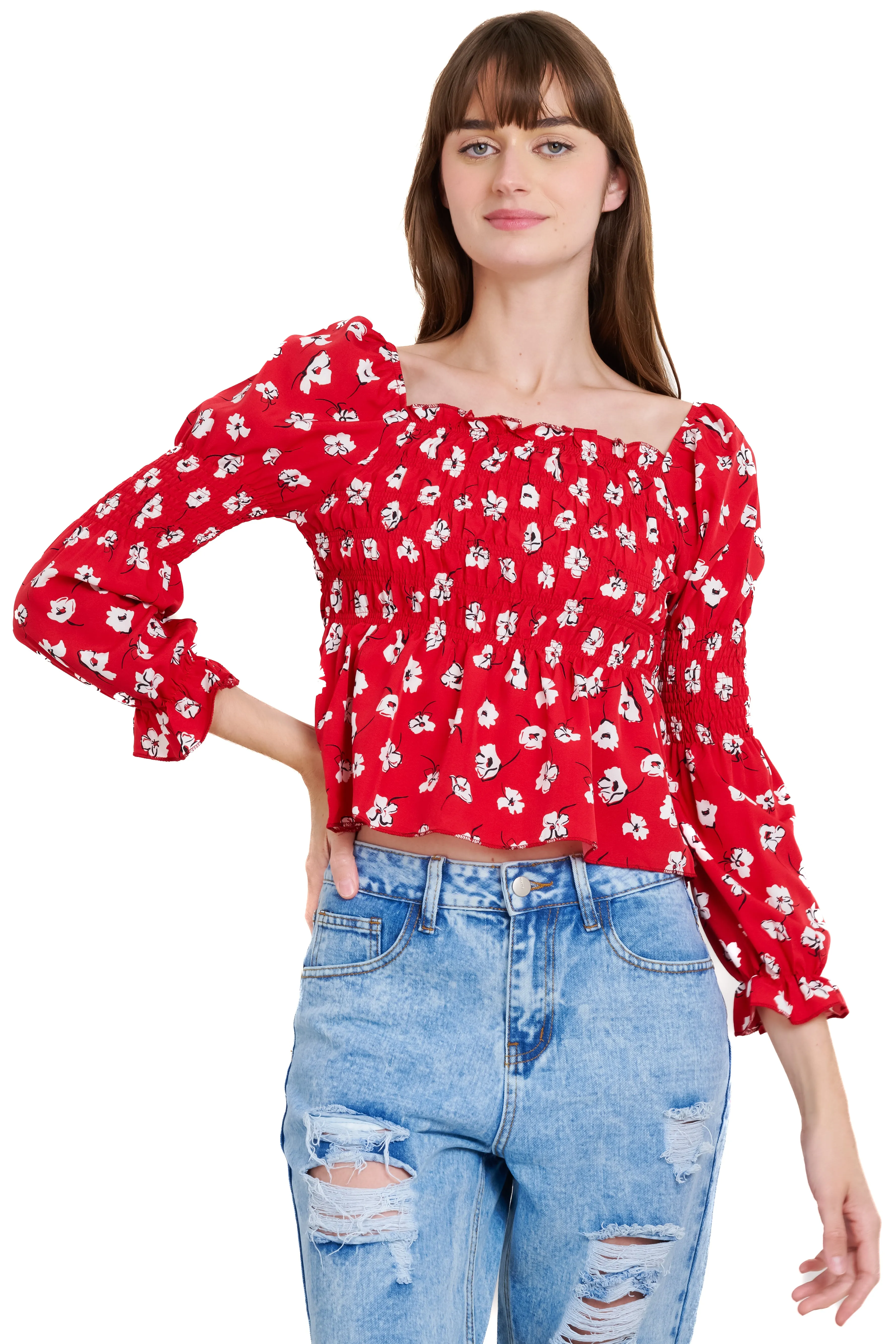 Blusa manga larga escote cuadrado detalle ligas sold by Shasa