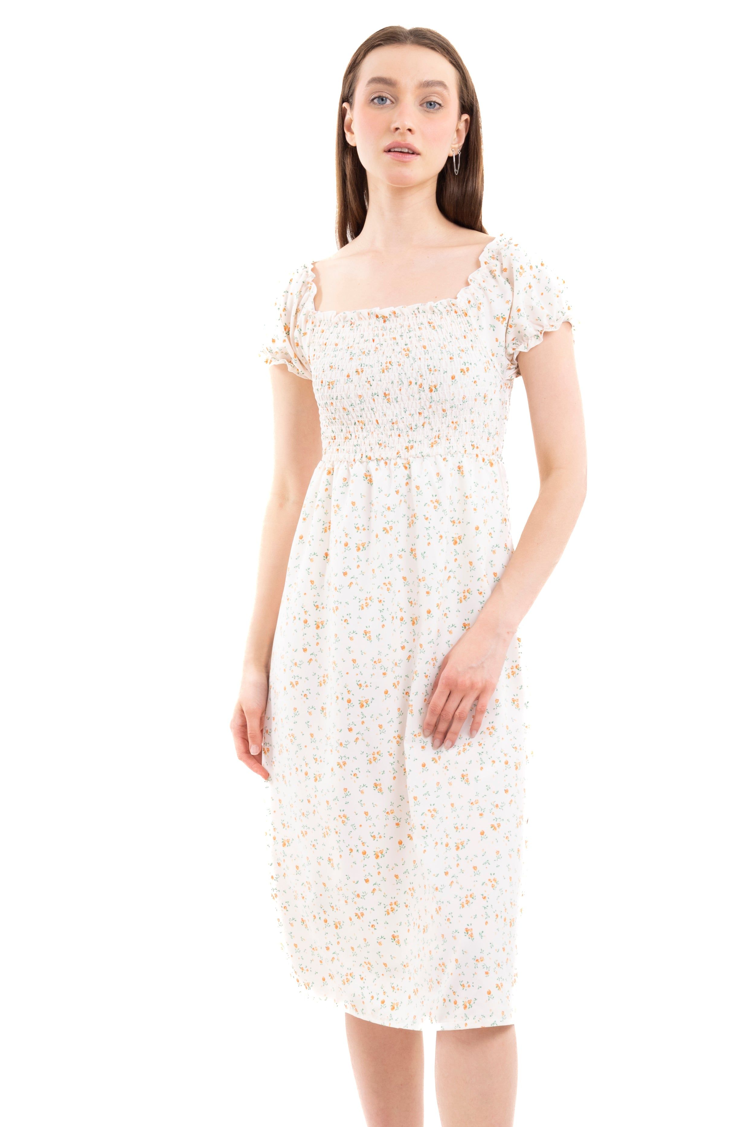 Vestido midi fruncido flores sold by Shasa