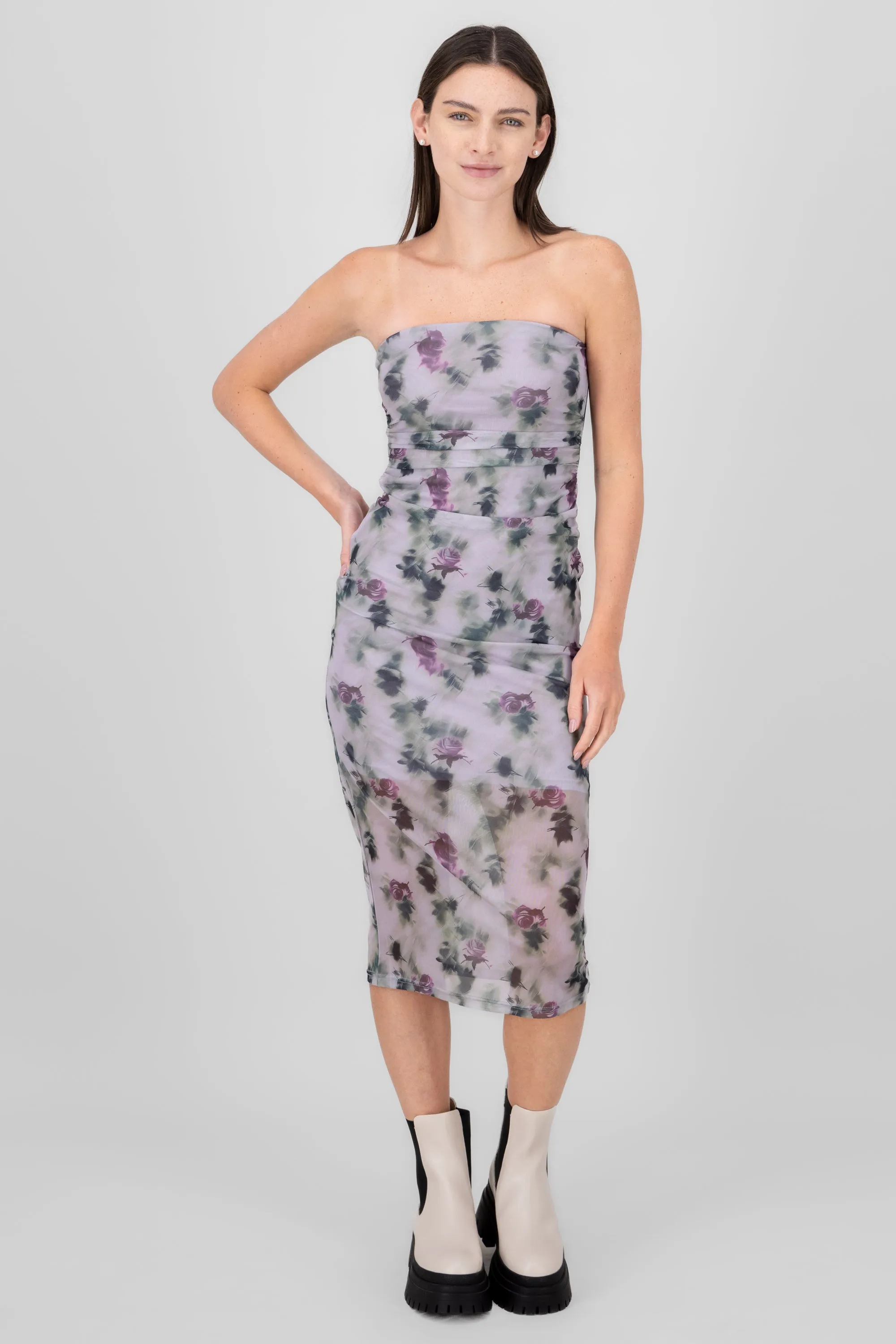 Vestido strapless midi mesh flores degradado sold by Shasa