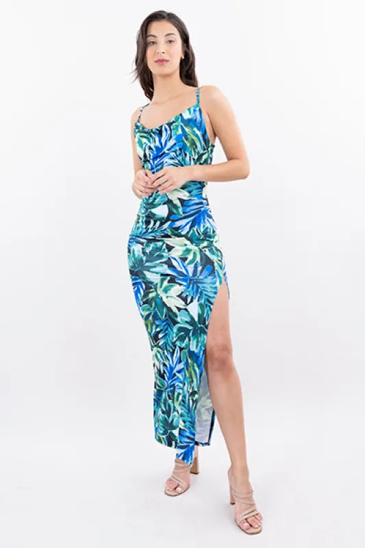Vestido maxi abertura estampado hojas sold by Shasa