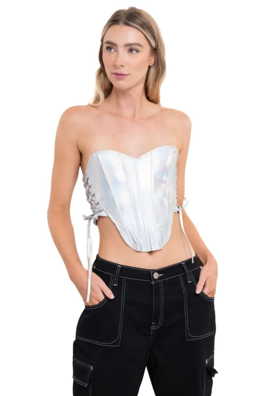 Top corset iridiscente con lace up sold by Shasa