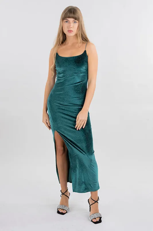 Vestido maxi abertura velvet sold by Shasa