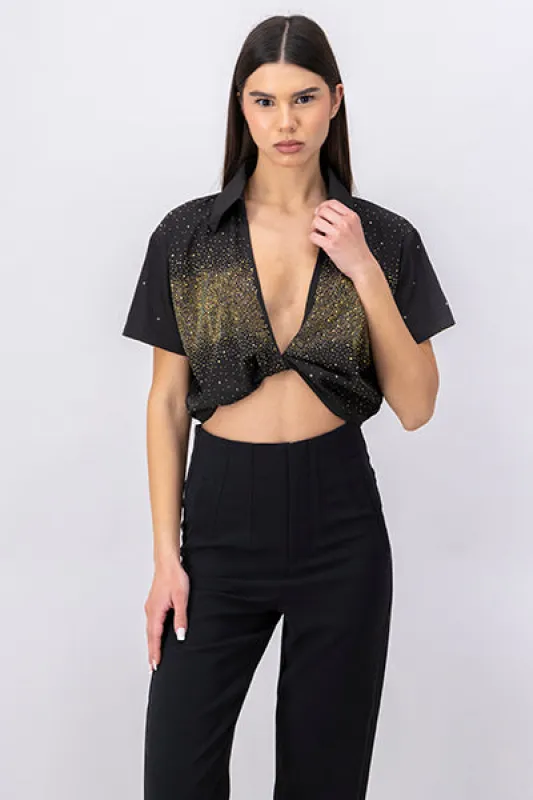 Camisa crop nudo brillos sold by Shasa