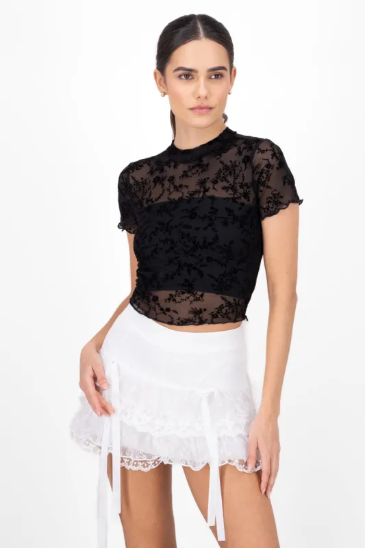 Top mesh flock floral manga corta sold by Shasa