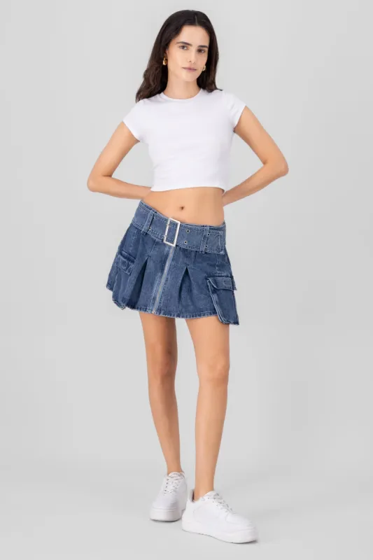 Falda denim cargo tableada con cinturon sold by Shasa