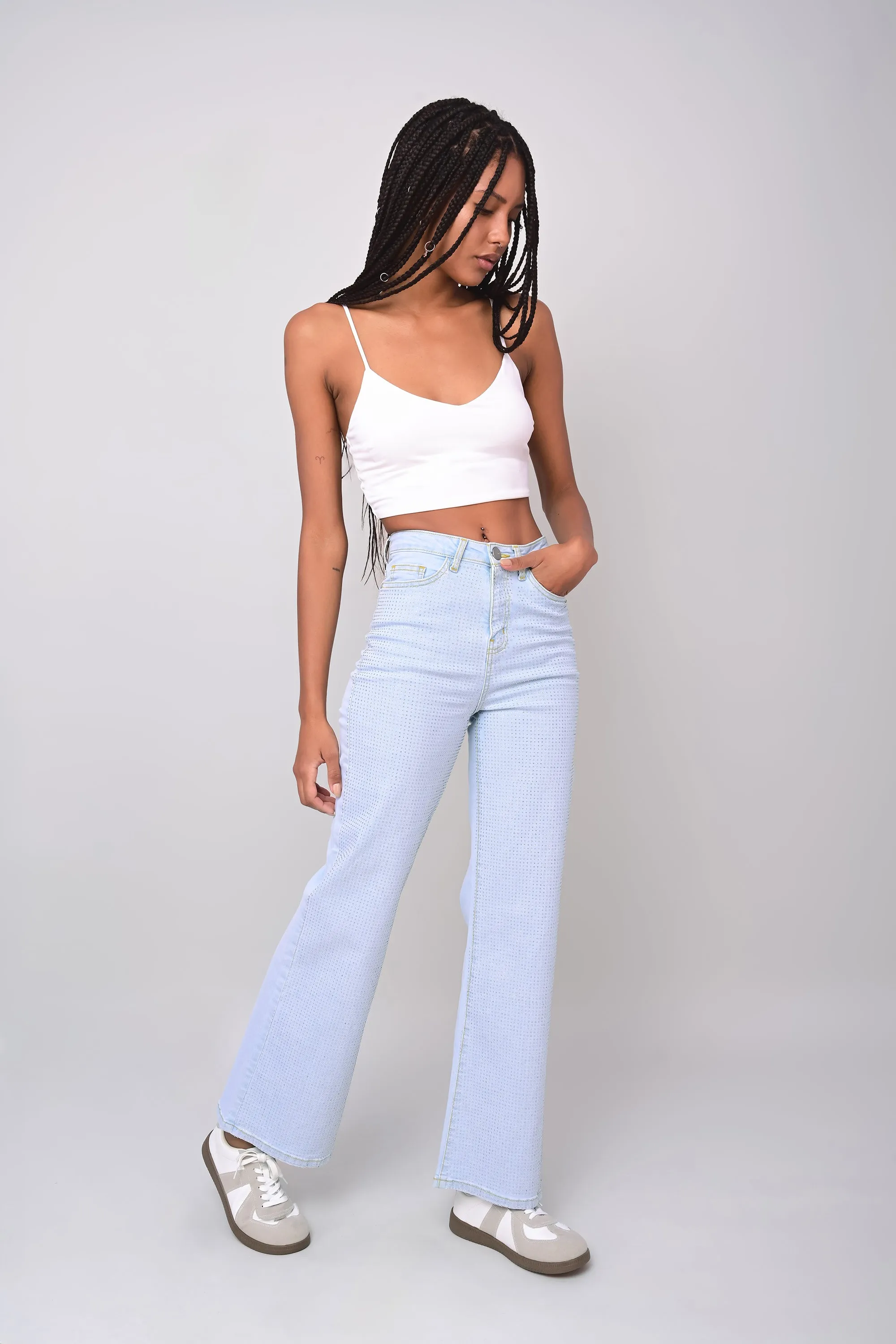 Jeans Wide Leg Efecto Brillos sold by Shasa