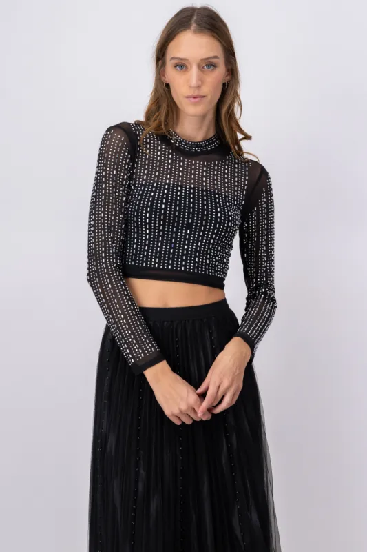 Top mesh manga larga pedrería sold by Shasa