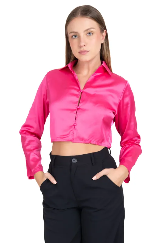 Camisa crop satinada botones sold by Shasa