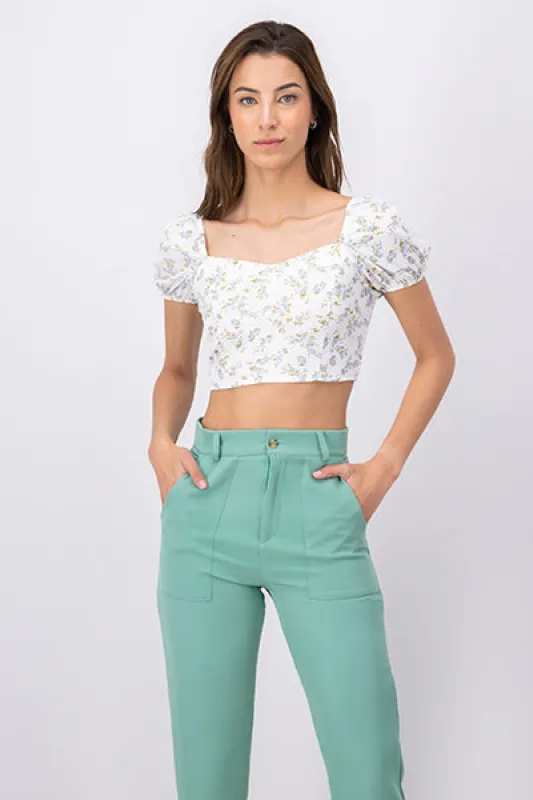 Top crop manga abullonada flores sold by Shasa