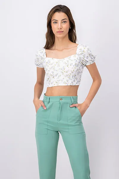 Top crop manga abullonada flores sold by Shasa