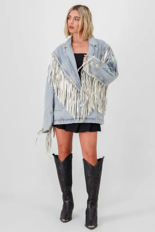 Chamarra denim oversized con flecos sold by Shasa