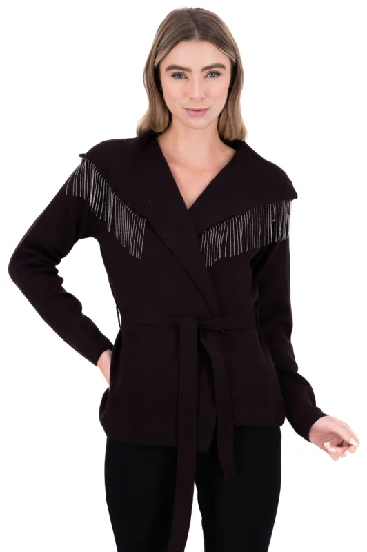 Cárdigan flecos brillos cinturón sold by Shasa