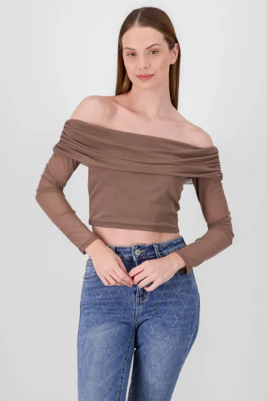 Top off shoulder de mesh liso sold by Shasa