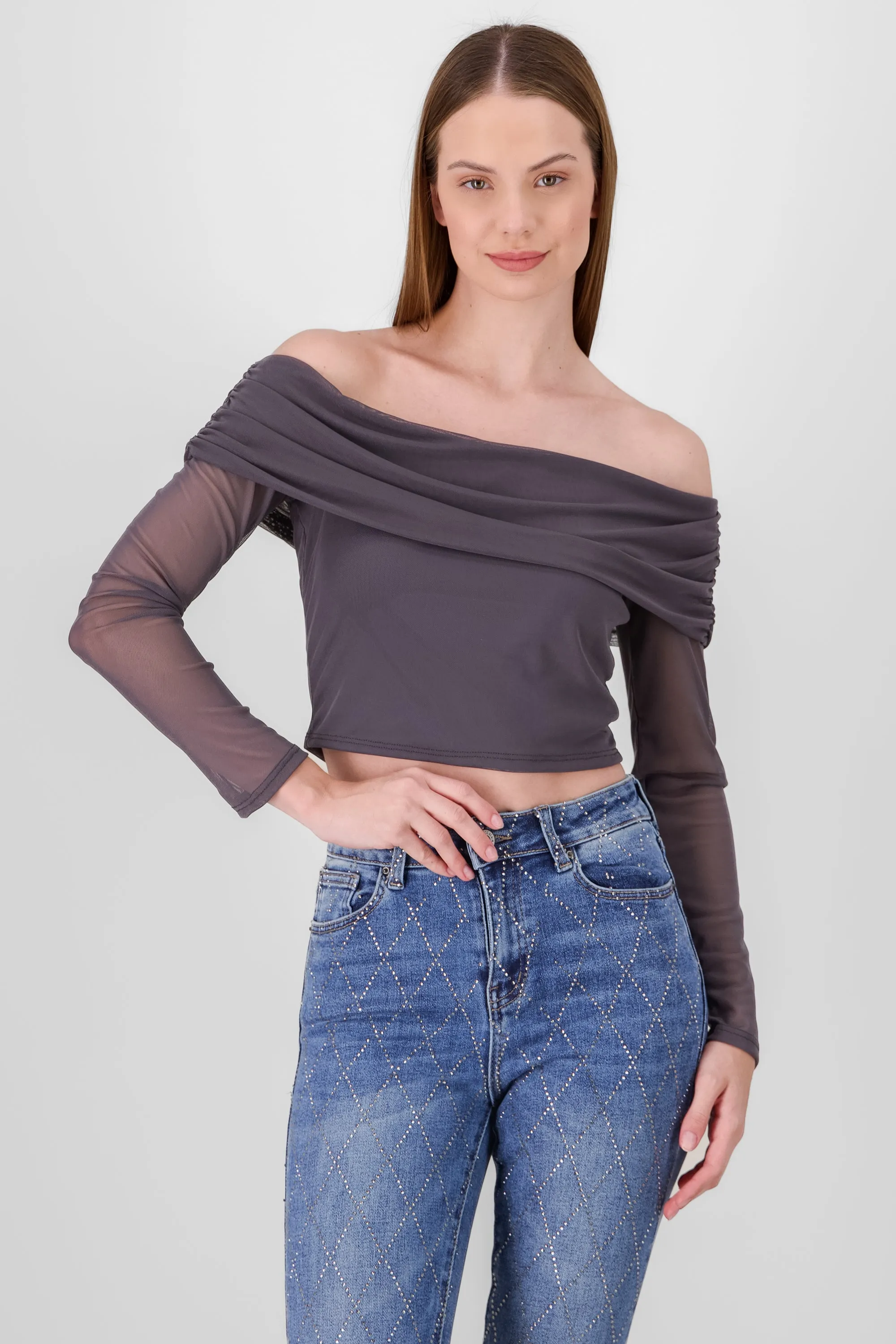 Top off shoulder de mesh liso sold by Shasa
