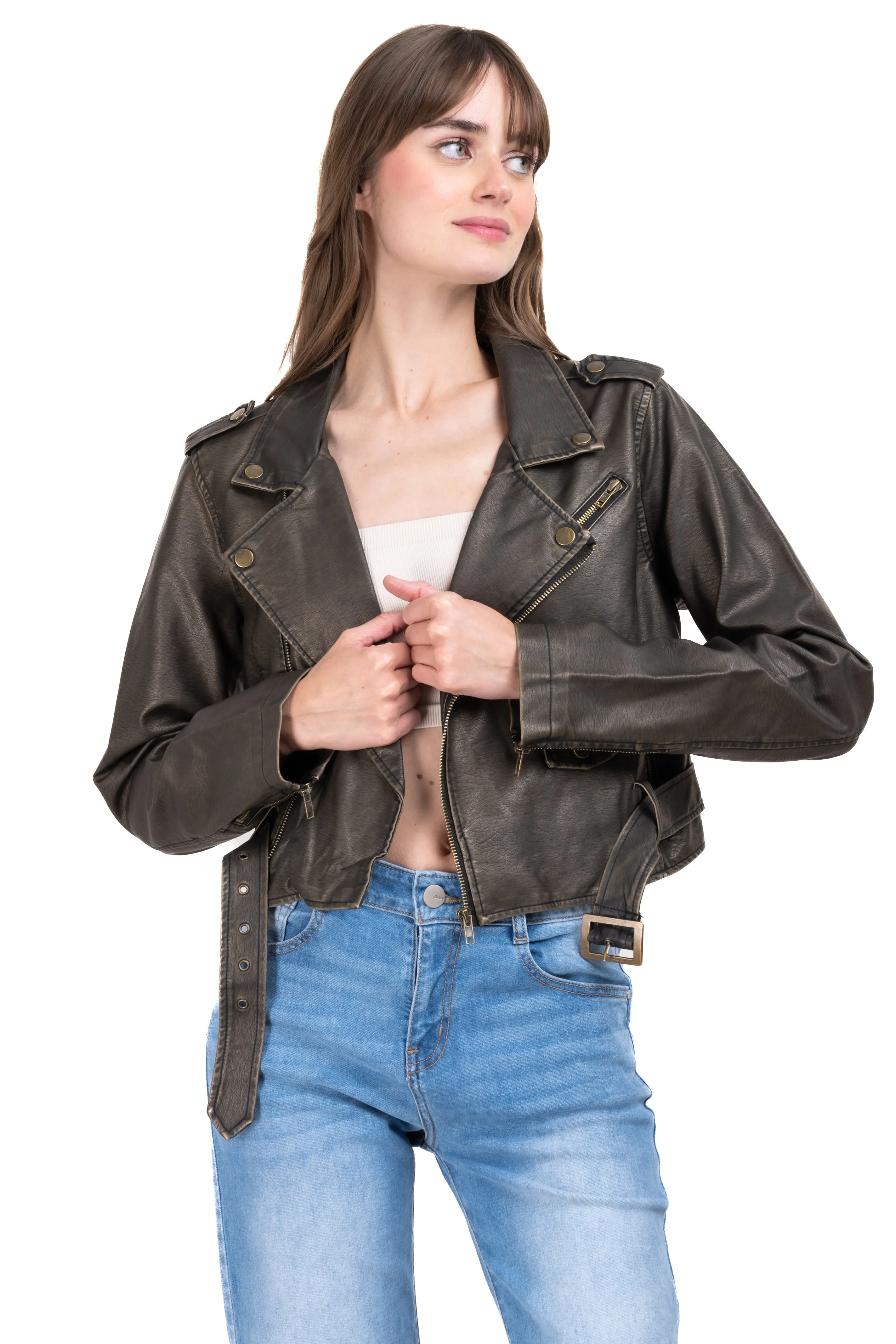 Chamarra biker efecto piel desgaste sold by Shasa