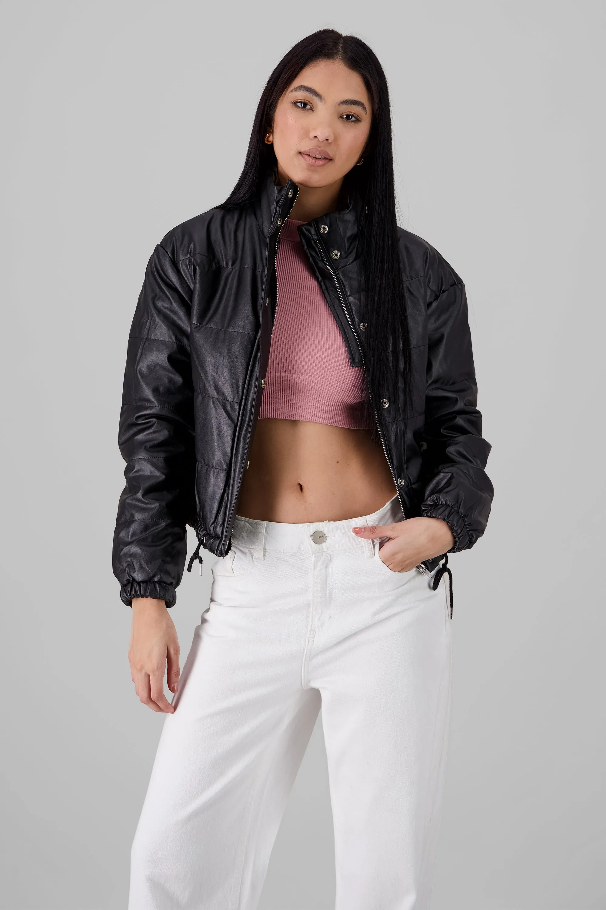 Chamarra pu crop detalle jareta sold by Shasa