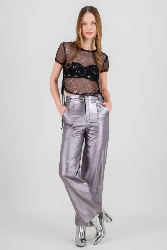 Pantalon amplio metalico detalle bolsas sold by Shasa