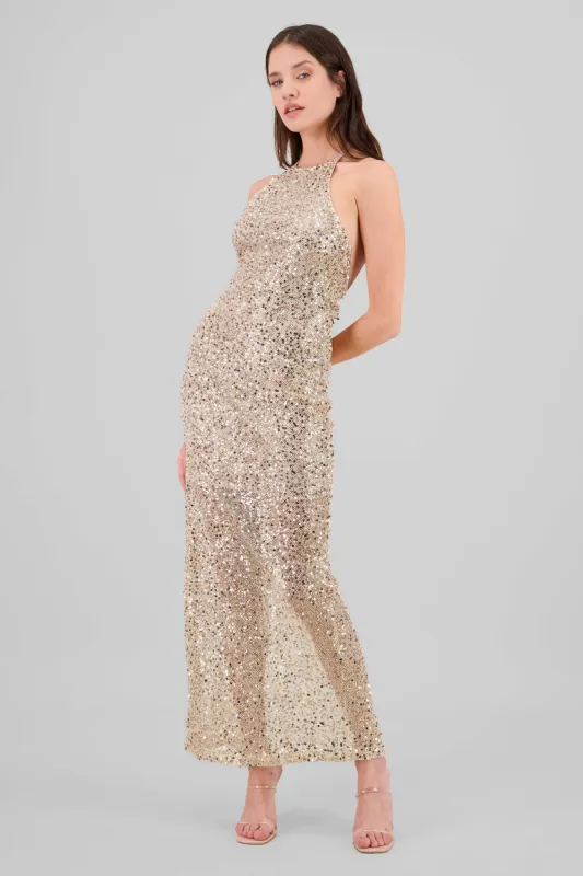 Vestido maxi de lentejuelas halter sold by Shasa