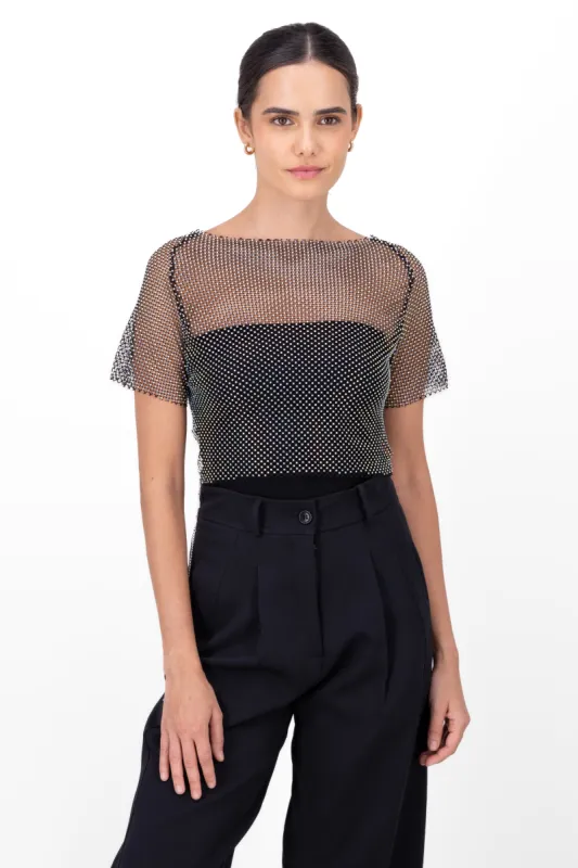 Top brillos manga corta escote espalda sold by Shasa