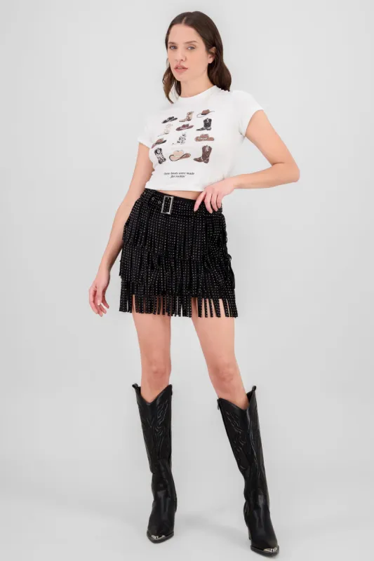 Falda gamuza flecos brillos con cinturon sold by Shasa