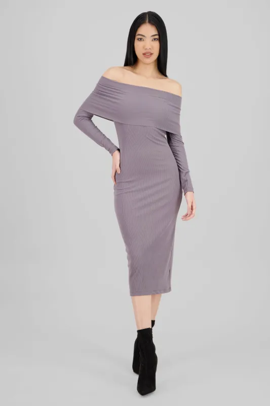 Vestido midi manga larga rib off shoulder sold by Shasa