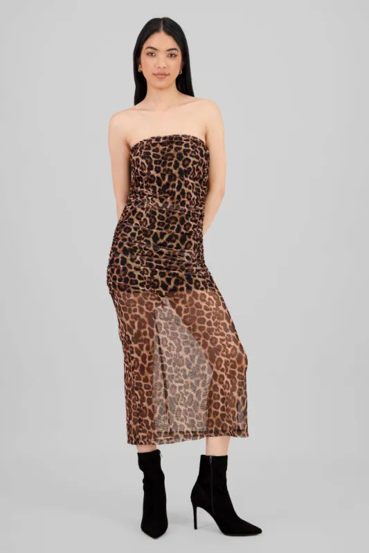 Vestido maxi drapeado mesh animal print sold by Shasa