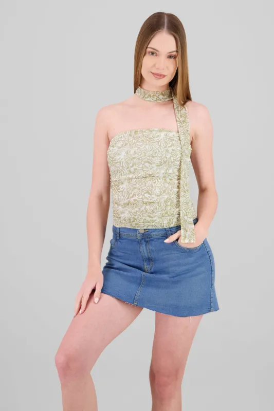 Top strapless drapeado mesh detalle bufanda sold by Shasa