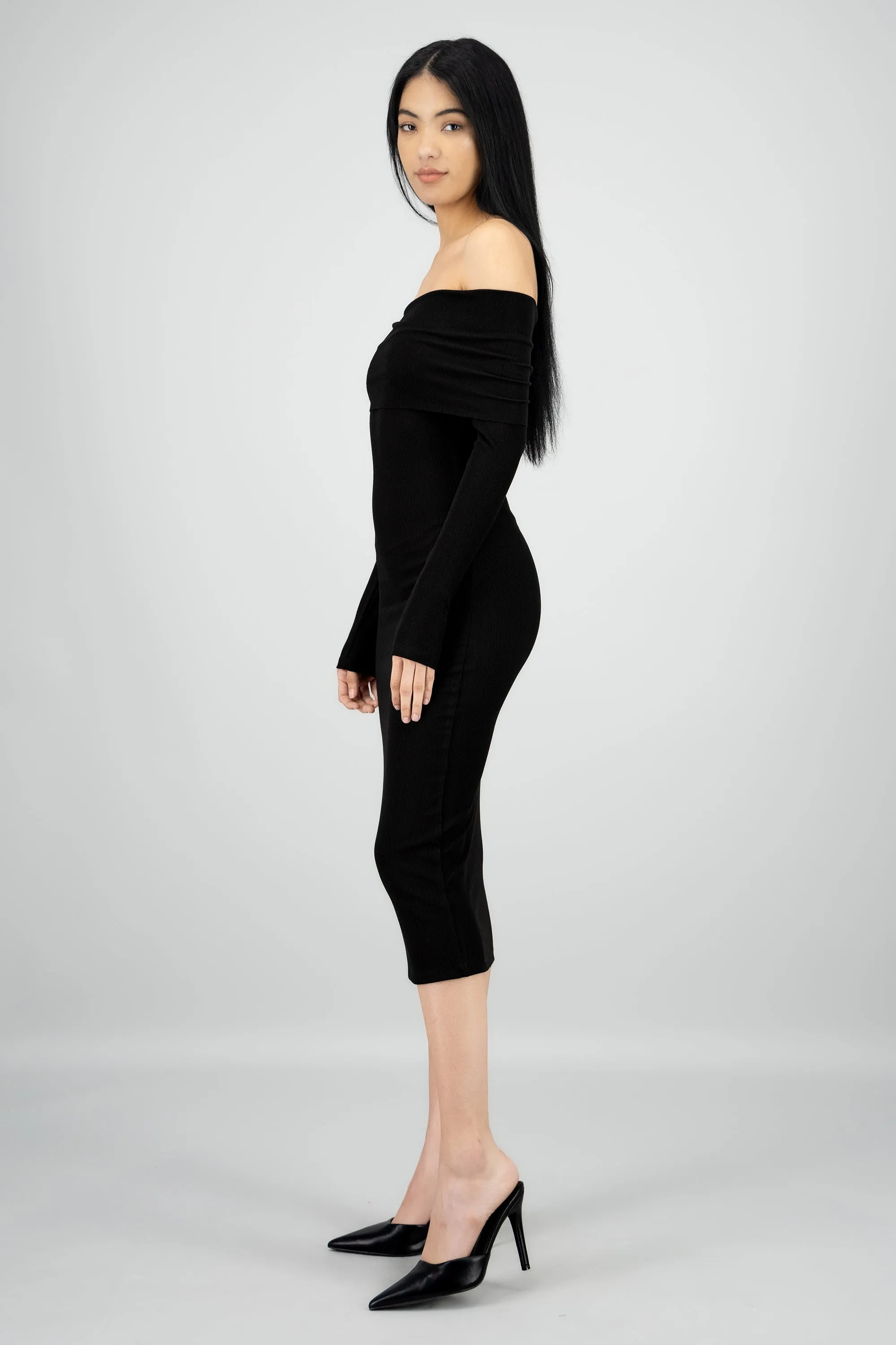 Vestido midi manga larga rib off shoulder sold by Shasa product image thumbnail 3