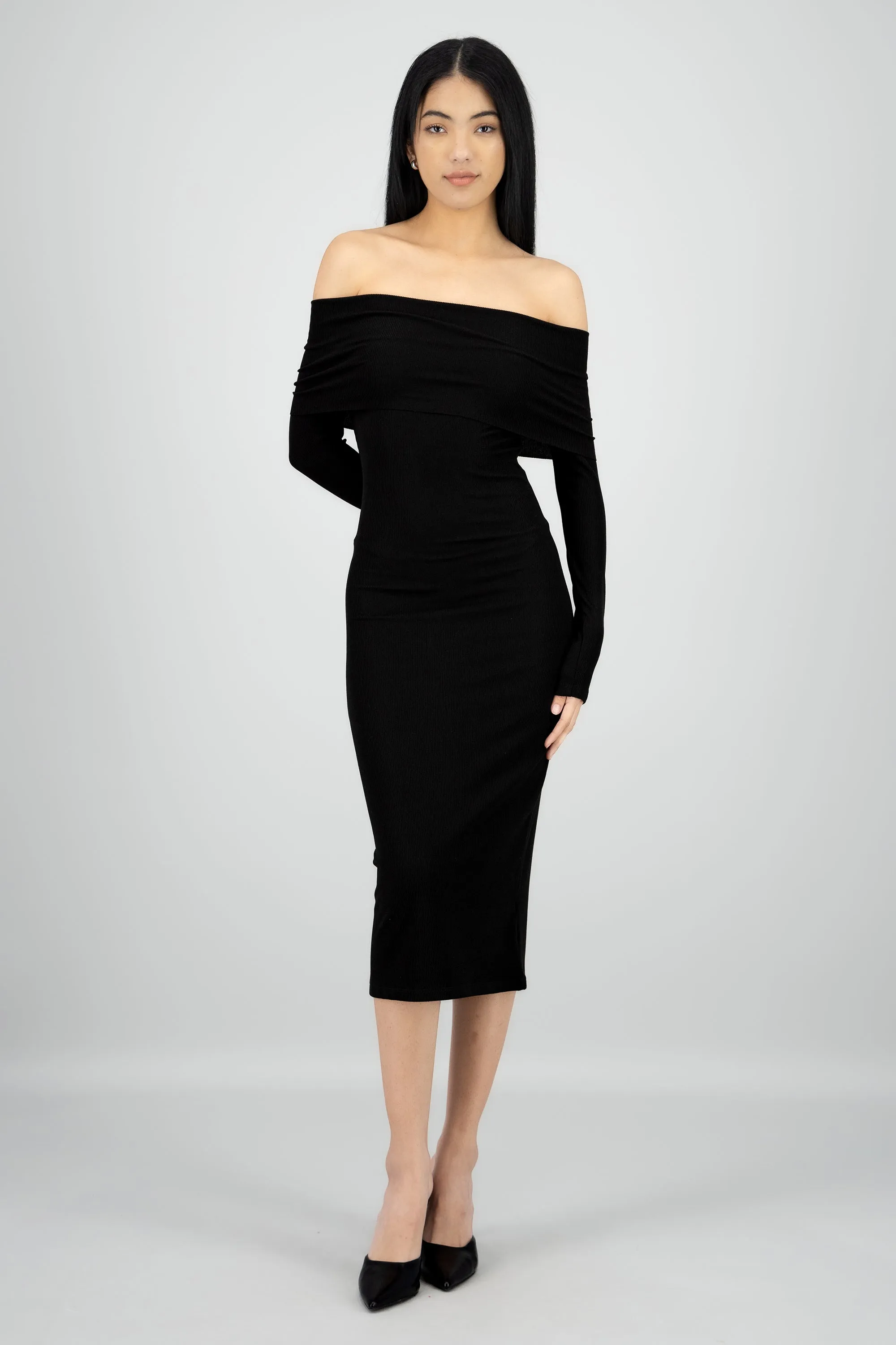 Vestido midi manga larga rib off shoulder sold by Shasa