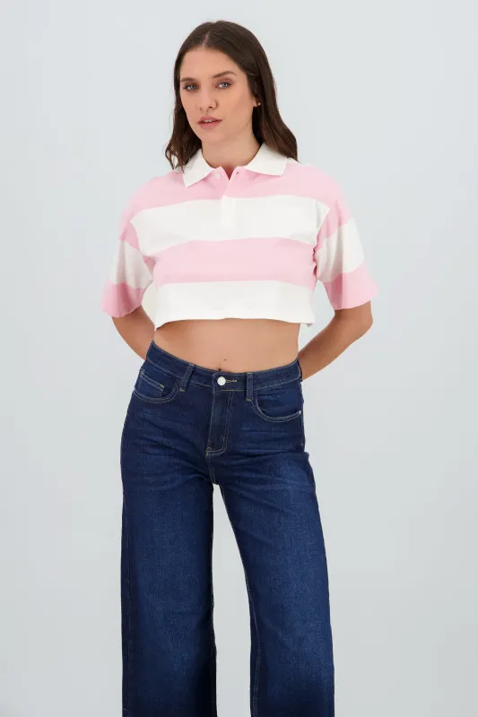 T-shirt crop cuello polo detalle rayas sold by Shasa