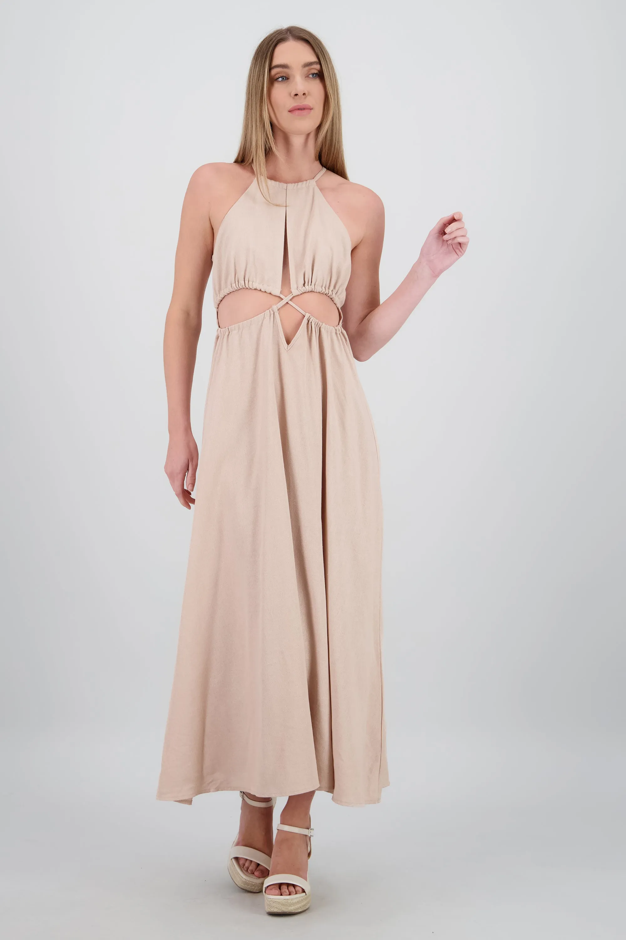 Vestido cut out maxi lino sold by Shasa