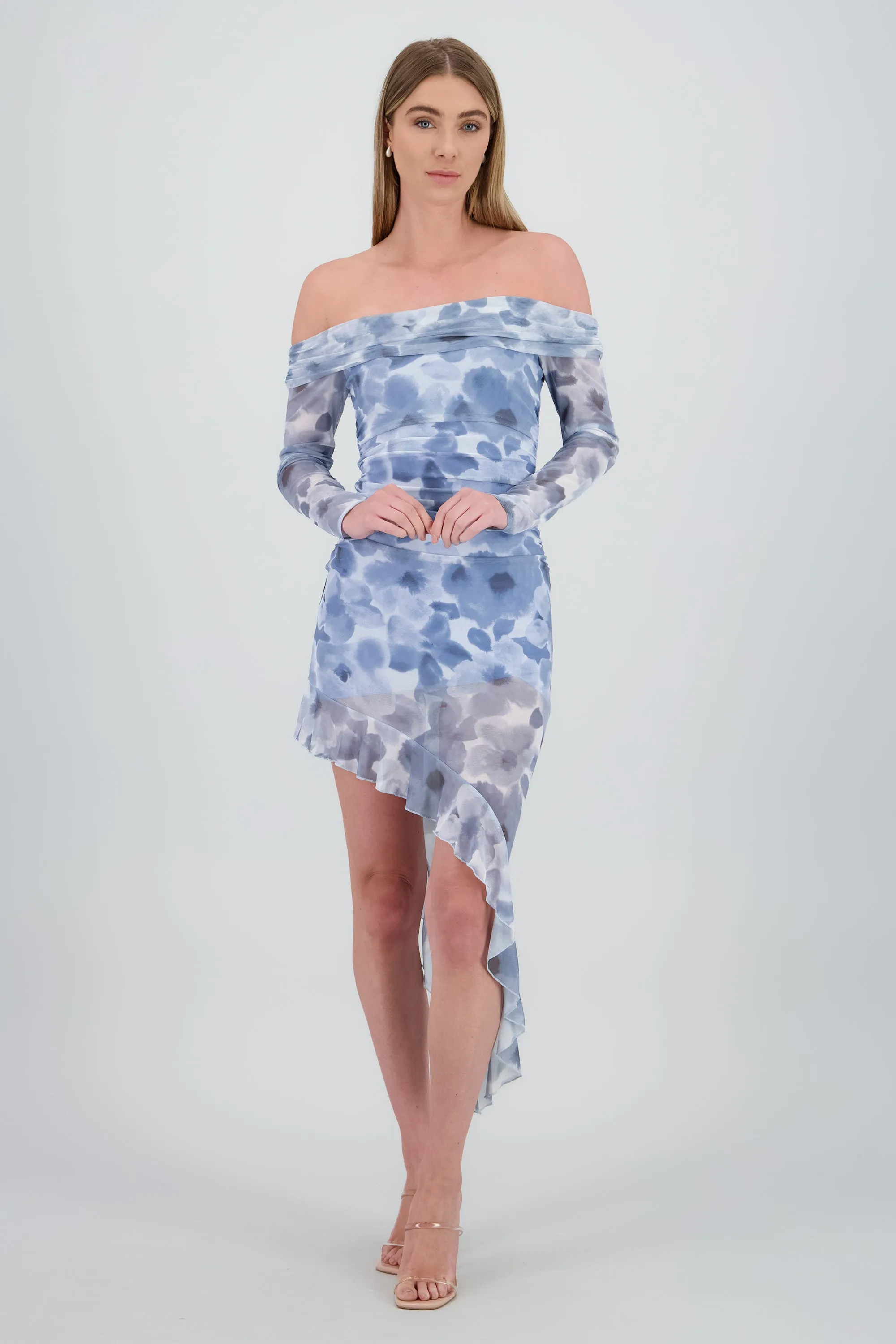 Vestido midi asimetrico sin hombros flores sold by Shasa